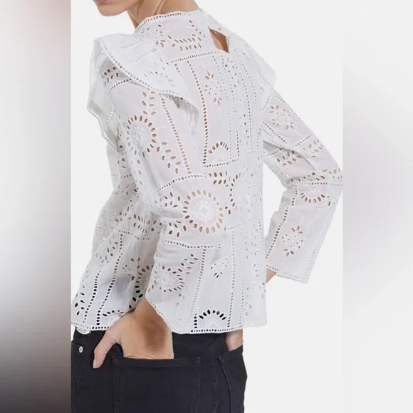 The Kooples White Cotton Ruffle Eyelet Top Size Medium - Picture 2 of 12